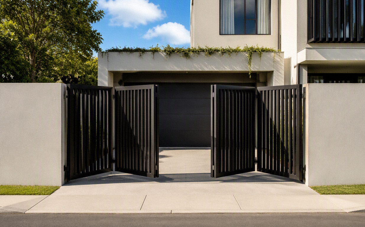 Bi-fold swing gate with hinged panels folding as it opens