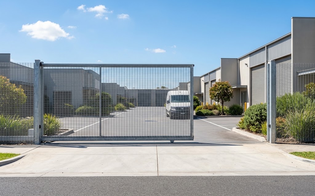 Commercial sliding gate at a business entrance