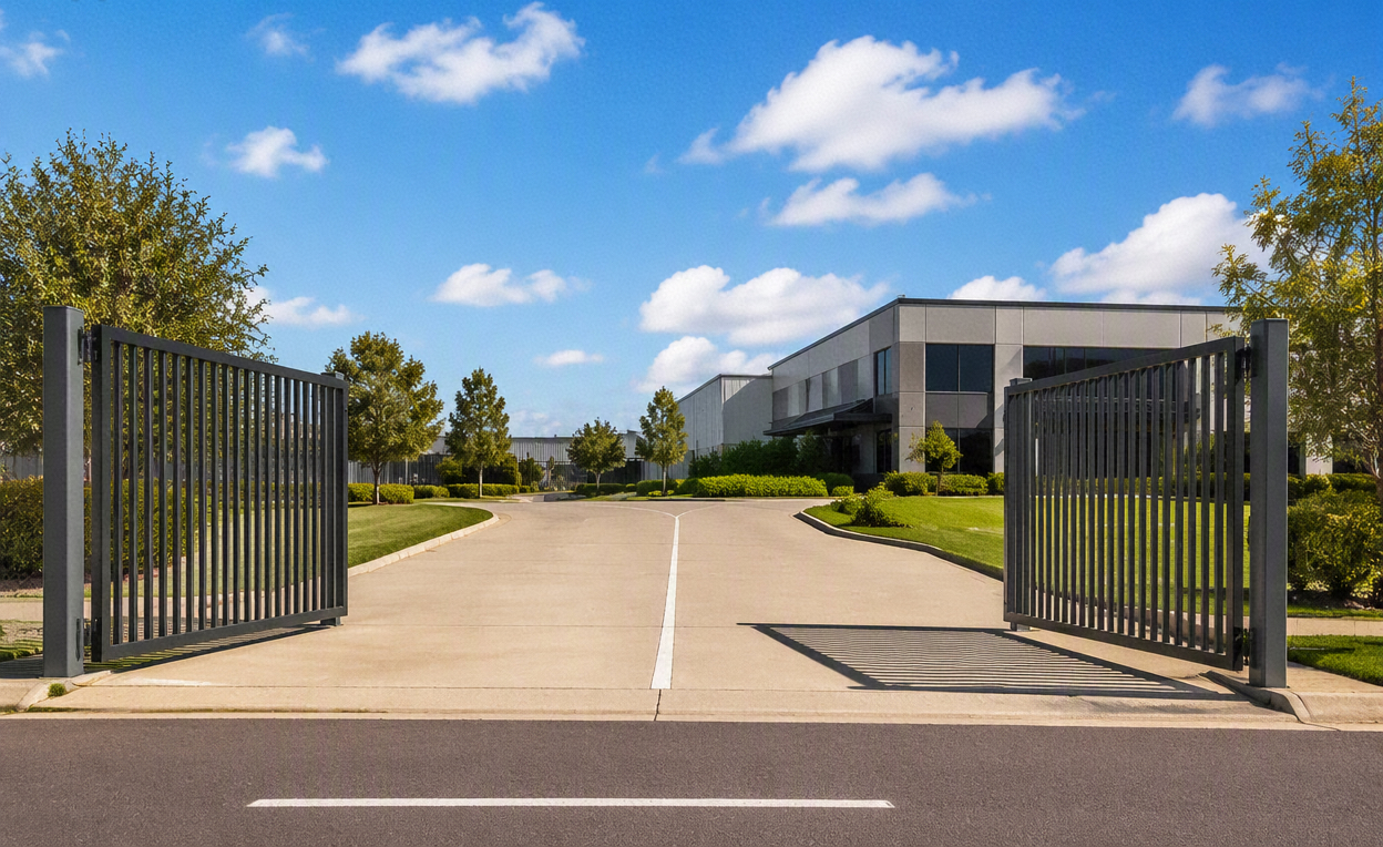 Commercial swing gates at a business entrance