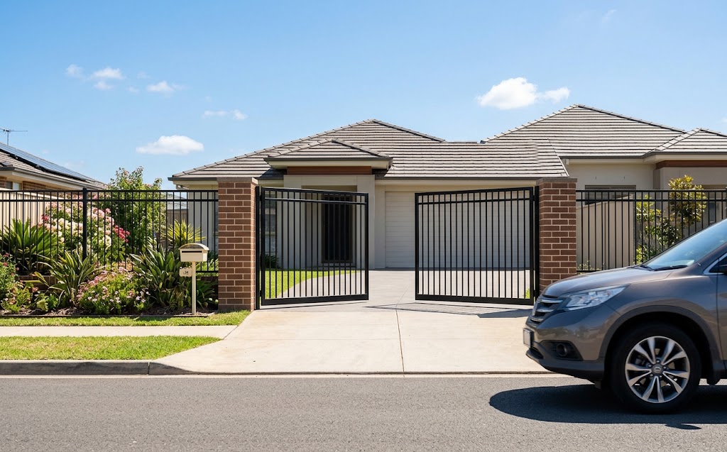 Automatic double swing driveway gates opening inward