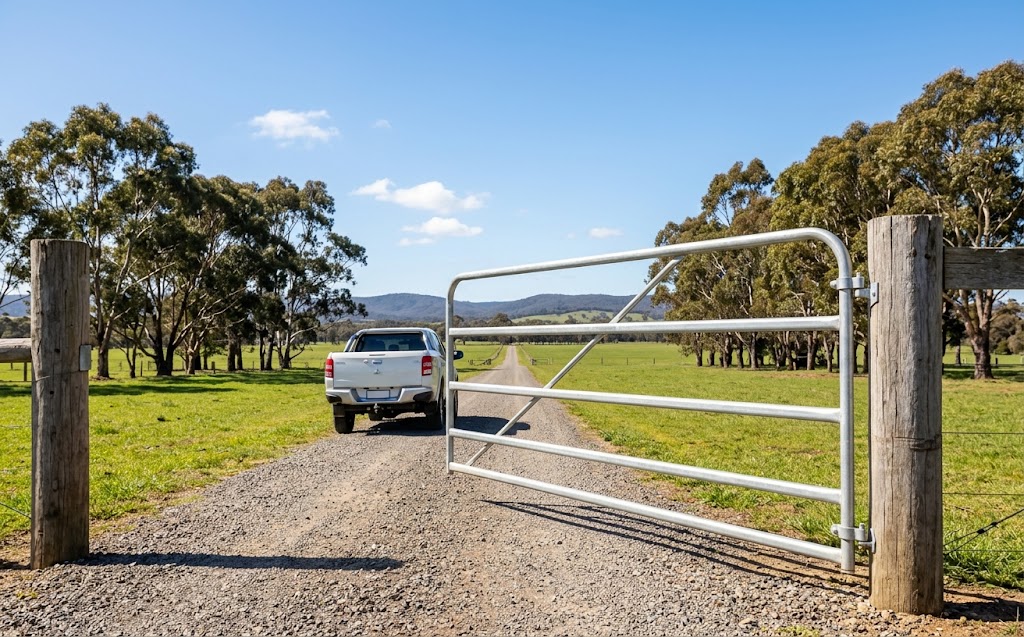 Automatic farm gate on a rural property entrance