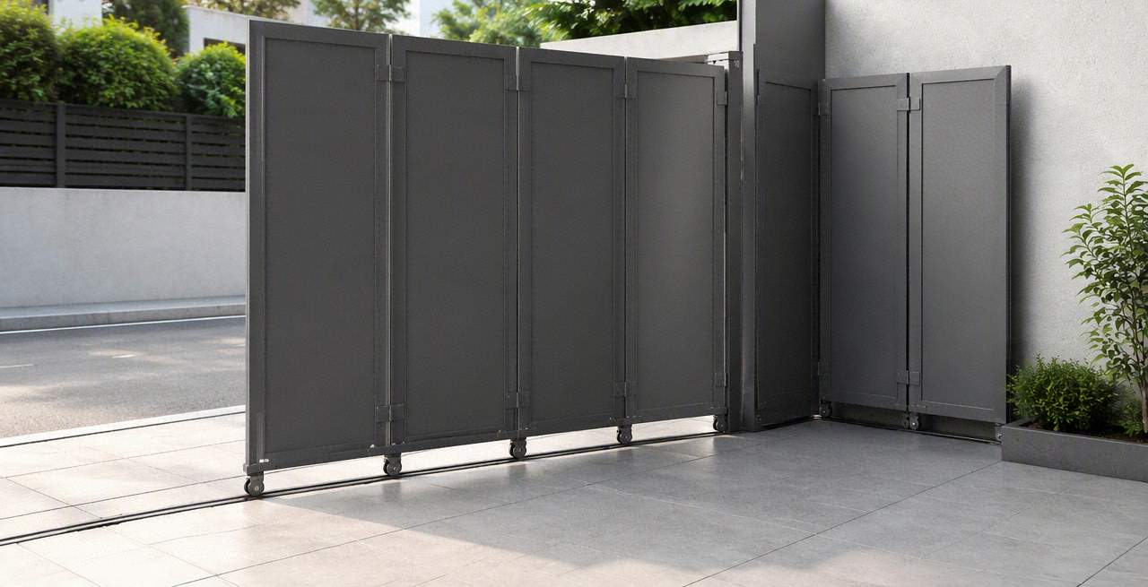 Radius sliding gate with segmented panels tracking around a curved corner