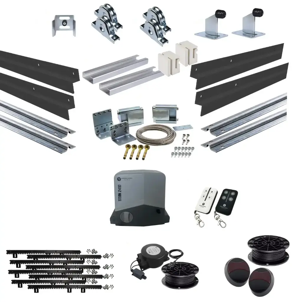 Long Lengths Complete Automatic Telescopic Sliding Gate System (Master and Trailing Sliding Gates) With Hardware Kit and Titan Low Voltage Sliding Gate Motor