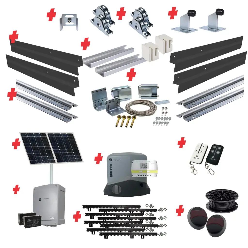 Long Lengths Complete Automatic Telescopic Sliding Gate System (Master and Trailing Sliding Gates) With Hardware Kit and Titan Solar Powered Sliding Gate Motor 