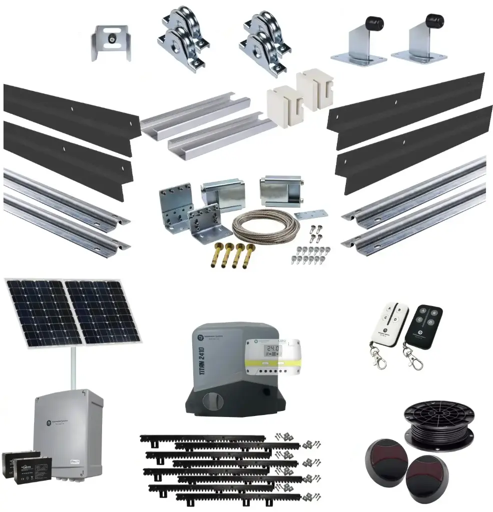 Long Lengths Complete Automatic Telescopic Sliding Gate System (Master and Trailing Sliding Gates) With Hardware Kit and Titan Solar Powered Sliding Gate Motor 