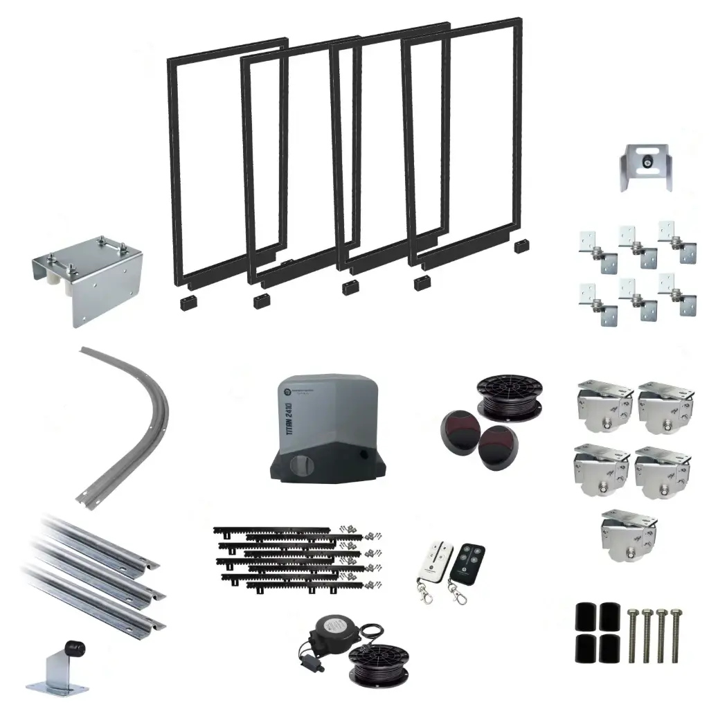 Complete Gates and Automatic Radius Turning Sectional Sliding Gate With Titan Low Voltage Sliding Gate Motor
