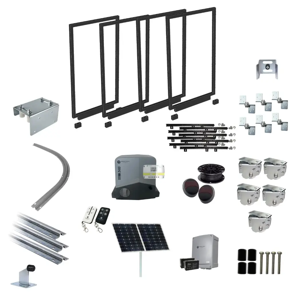 Complete Gates and Automatic Radius Turning Sectional Sliding Gate With Titan Solar Powered Sliding Gate Motor
