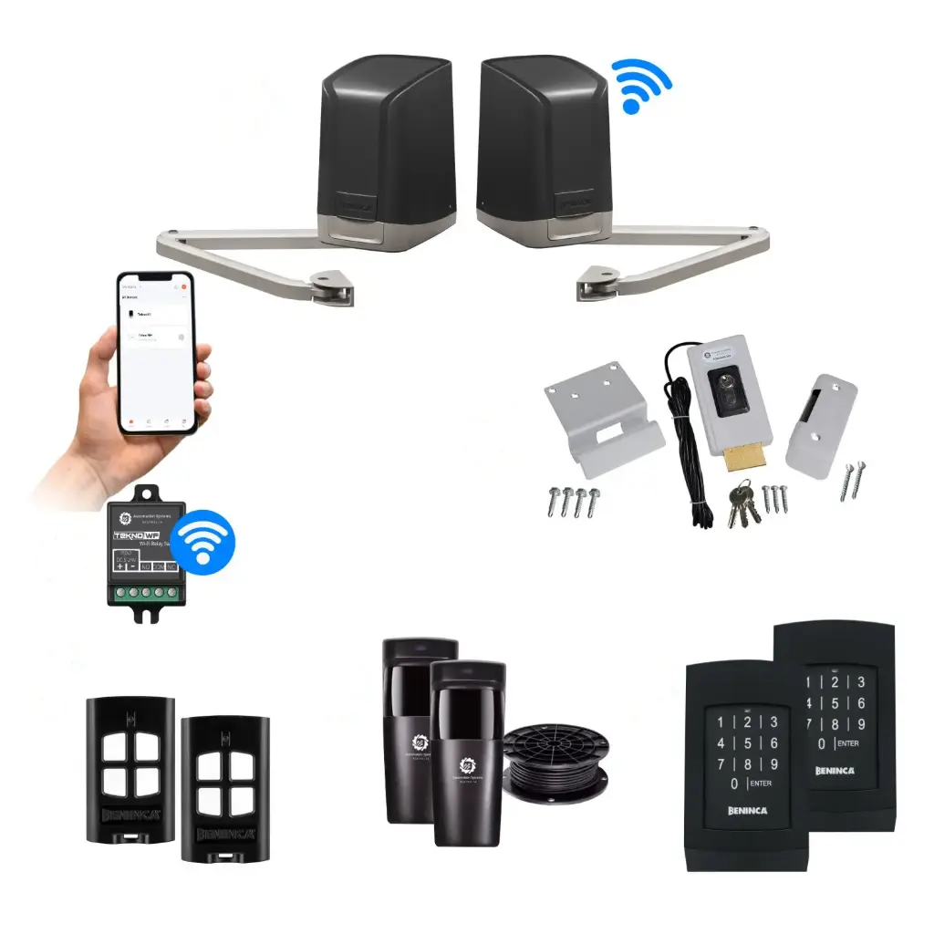 SAM Articulating Arm ITALIAN Electric 24V Low Voltage Automatic Double Swing Driveway Gate Opener Kit Design with Wifi Mobile App Control and Keypad Entry Exit