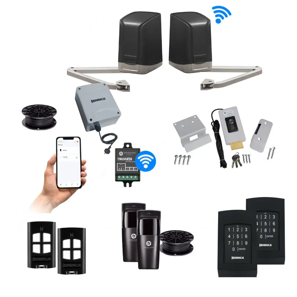 SAM Articulating Arm ITALIAN Low Voltage 24V Automatic Double Swing Driveway Gate Opener 24 Volt Kit with Wifi Mobile App Control and Keypad Entry Exit