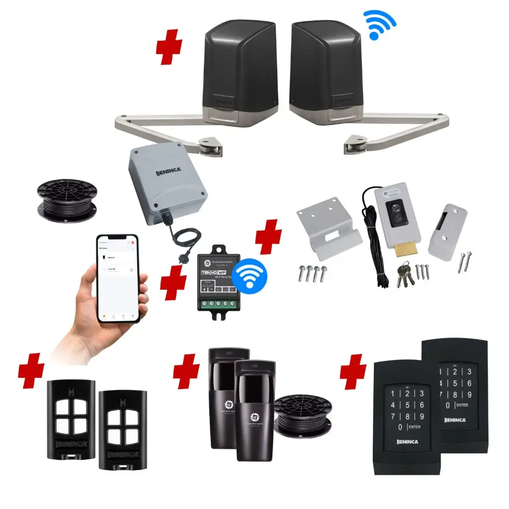SAM Articulating Arm ITALIAN Low Voltage 24V Automatic Double Swing Driveway Gate Opener 24 Volt Kit with Wifi Mobile App Control and Keypad Entry Exit