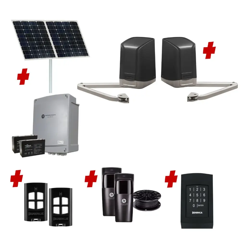 SAM Articulating Arm ITALIAN Solar Powered Automatic Double Swing Driveway Gate Opener 24 Volt Kit Design with Keypad Pin Code