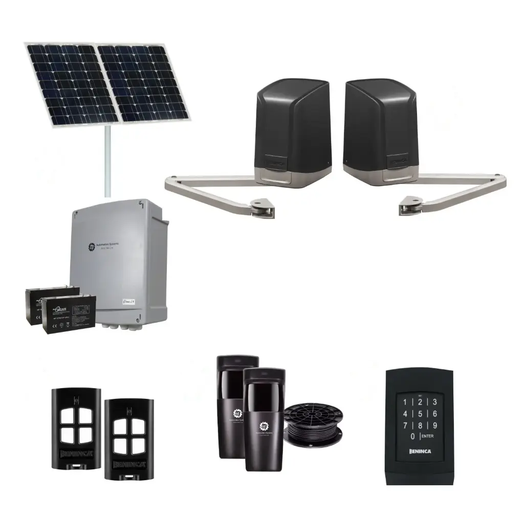 SAM Articulating Arm ITALIAN Solar Powered Automatic Double Swing Driveway Gate Opener 24 Volt Kit Design with Keypad Pin Code
