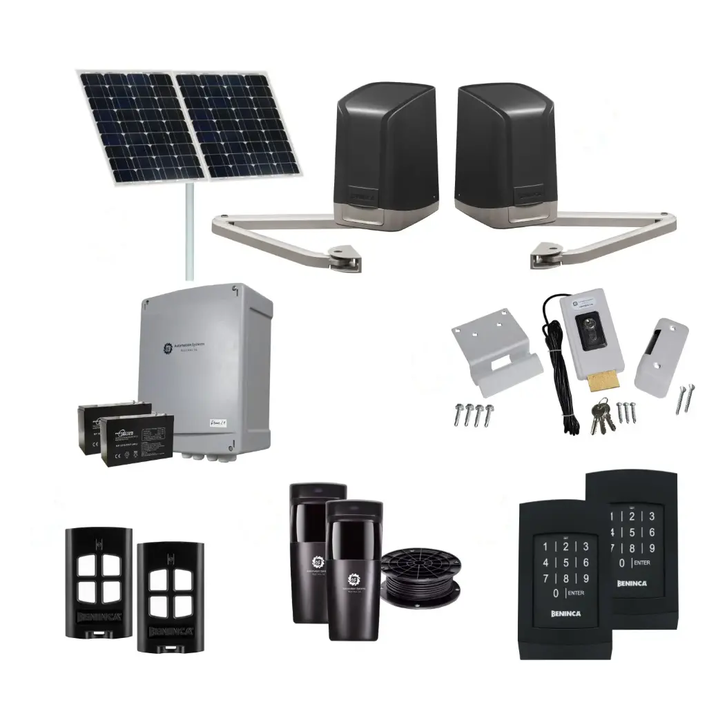 SAM Articulating Arm ITALIAN Solar Powered Automatic Double Swing Driveway Gate Opener 24 Volt Kit Design with TWO Keypads Entry Exit