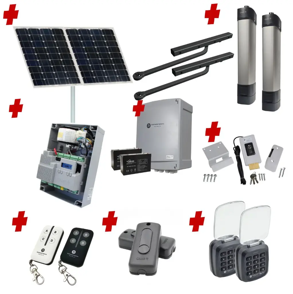 Solar Powered Double Swing Gate Automation Access Pro Kit Ultra Slim STYLO BD Channel Arm System with encoder Made In Italy