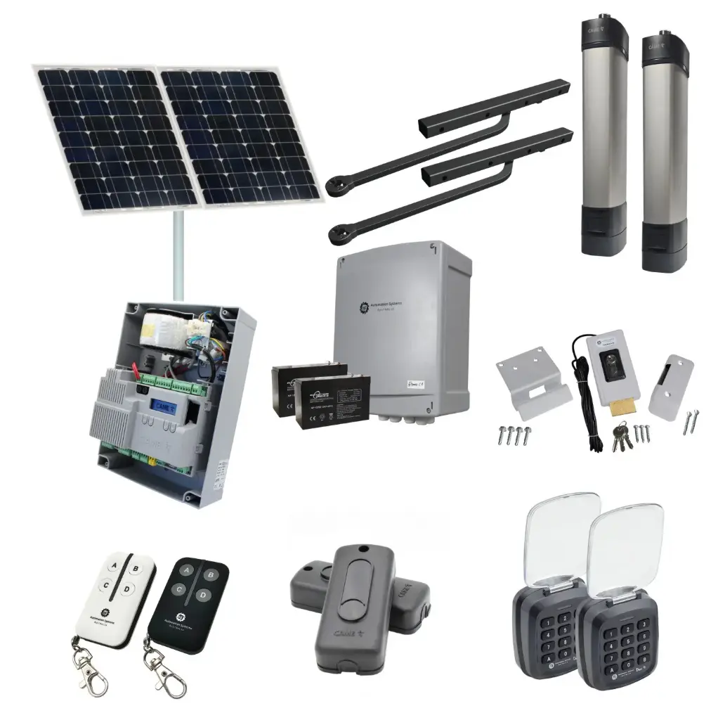 Solar Powered Double Swing Gate Automation Access Pro Kit Ultra Slim STYLO BD Channel Arm System with encoder Made In Italy