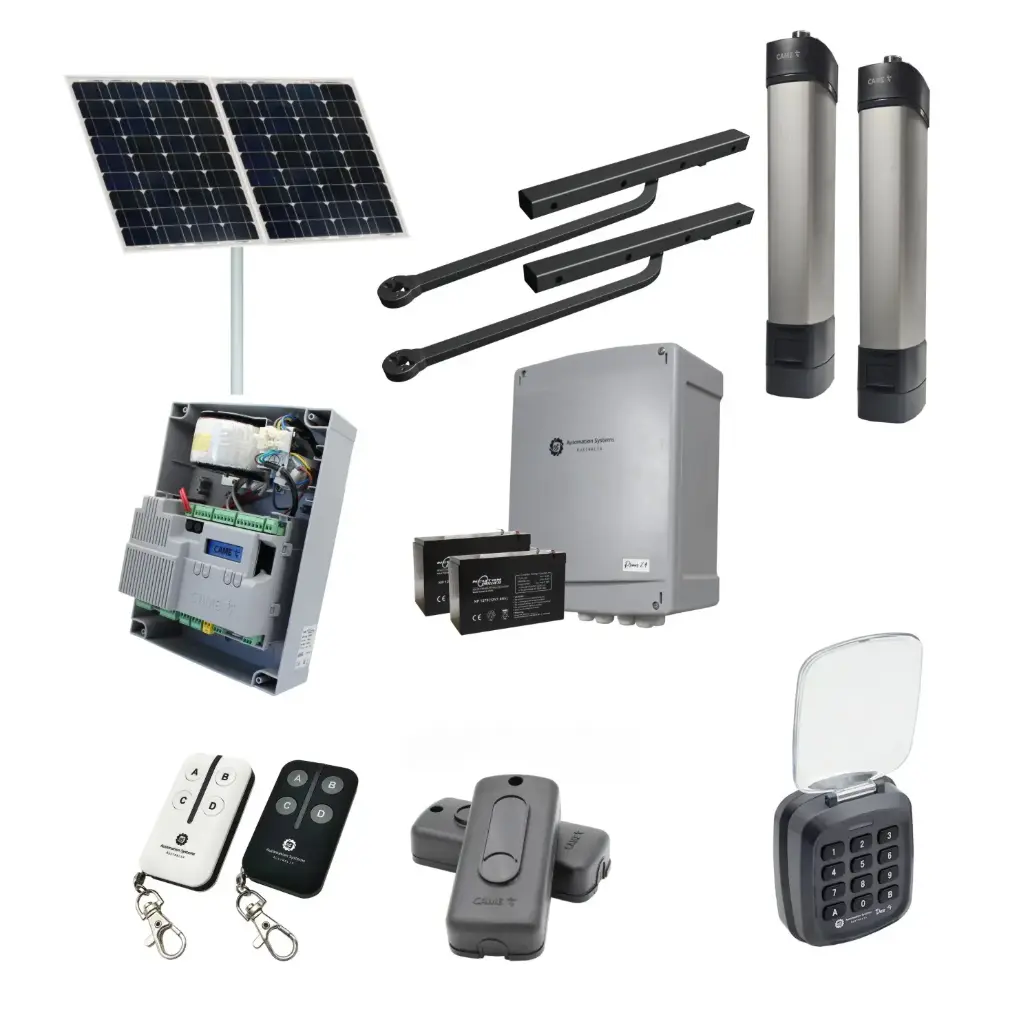 Solar Powered Double Swing Gate Automation Access Secure Kit Ultra Slim STYLO BD Channel Arm System with encoder Made In Italy