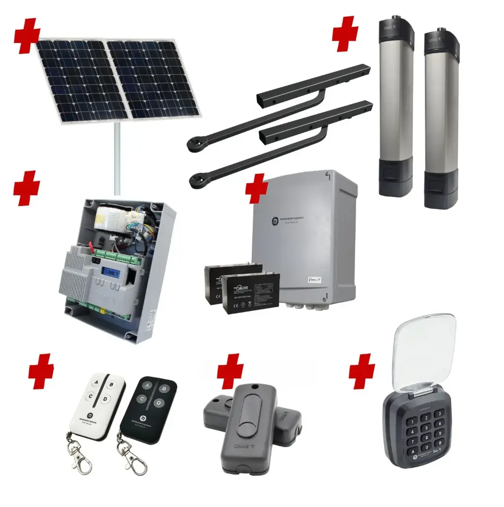 Solar Powered Double Swing Gate Automation Access Secure Kit Ultra Slim STYLO BD Channel Arm System with encoder Made In Italy