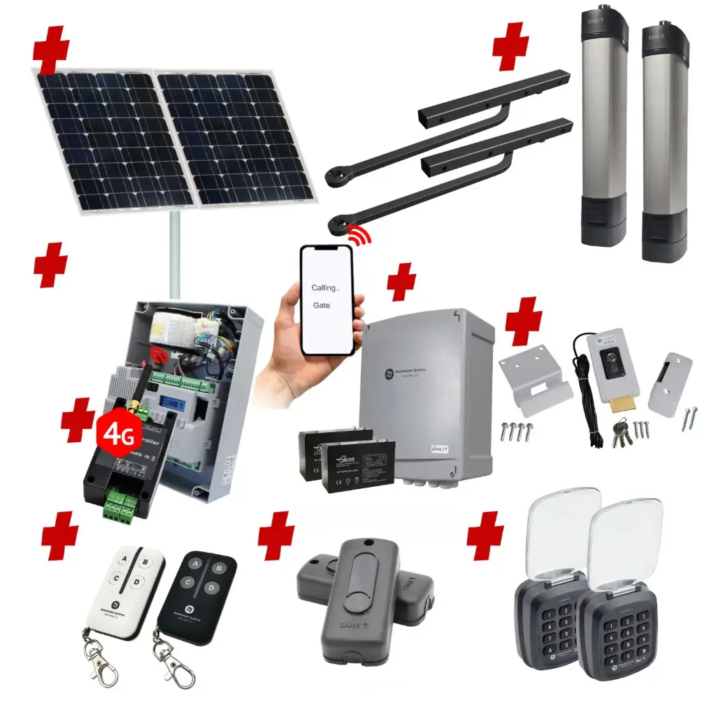 Solar Powered Double Swing Gate Automation Access Unlimited WiFi Bluetooth Kit Ultra Slim STYLO BD Channel Arm System with encoder Made In Italy