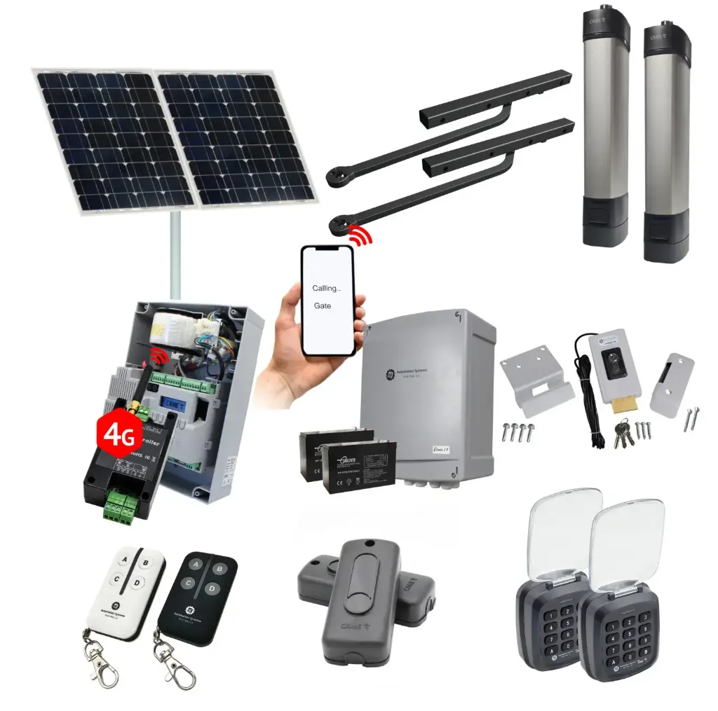 Solar Powered Double Swing Gate Automation Access Unlimited WiFi Bluetooth Kit Ultra Slim STYLO BD Channel Arm System with encoder Made In Italy
