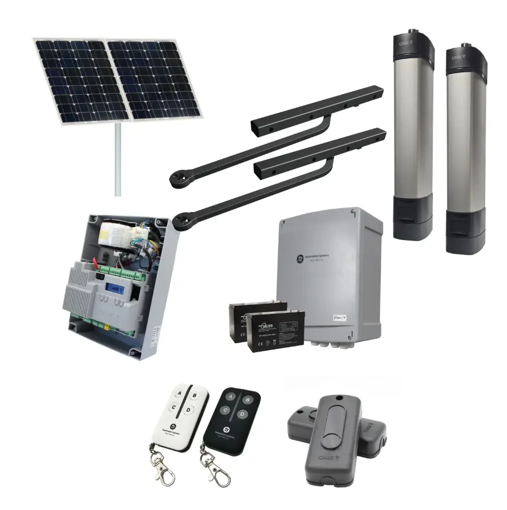Solar Powered Double Swing Gate Automation Installer and Trade Kit Ultra Slim STYLO BD Channel Arm System with encoder Made In Italy