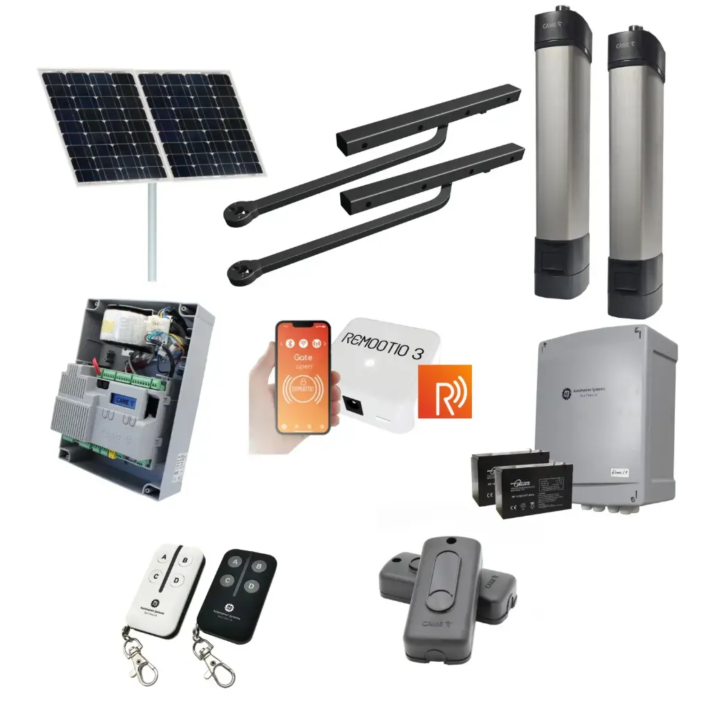 Solar Powered Double Swing Gate Automation Remootio Kit Ultra Slim STYLO BD Channel Arm System with encoder Made In Italy