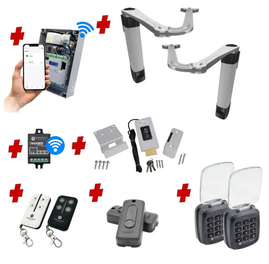 Double Swing Gate Automation Access Unlimited WiFi Bluetooth Kit Ultra Slim STYLO BS Articulating Arm System with encoder Made In Italy