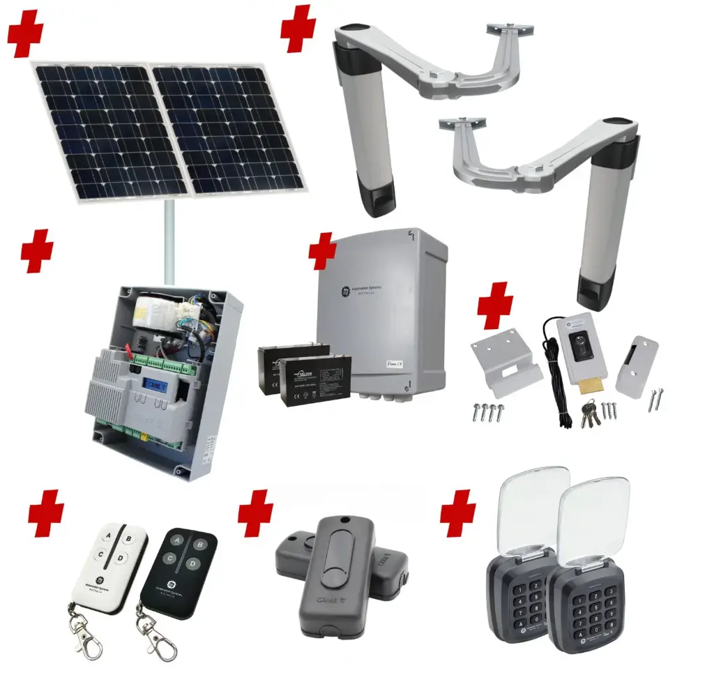Solar Powered Double Swing Gate Automation Access Pro Kit Ultra Slim STYLO BS Articulating Arm System with encoder Made In Italy