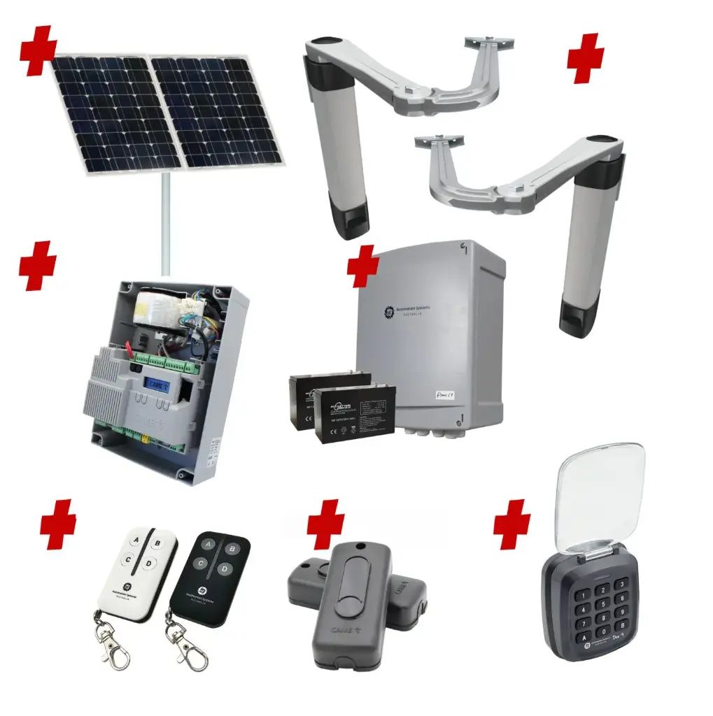 Solar Powered Double Swing Gate Automation Access Secure Kit Ultra Slim STYLO BS Articulating Arm System with encoder Made In Italy