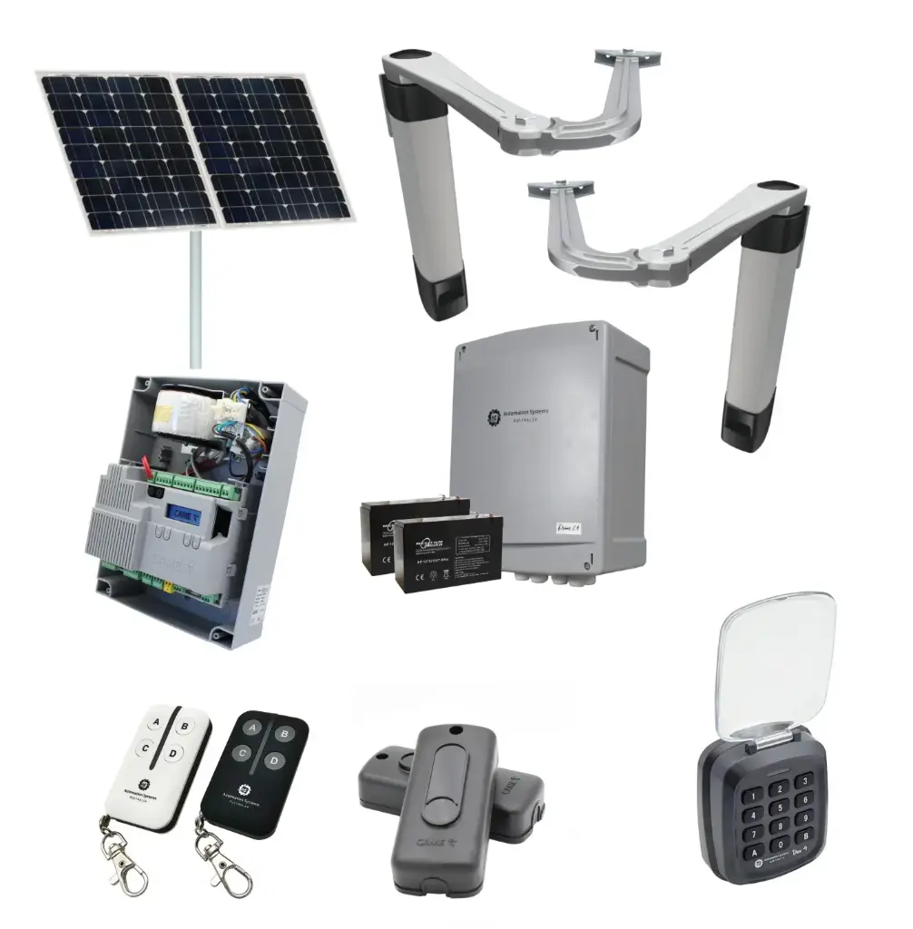 Solar Powered Double Swing Gate Automation Access Secure Kit Ultra Slim STYLO BS Articulating Arm System with encoder Made In Italy