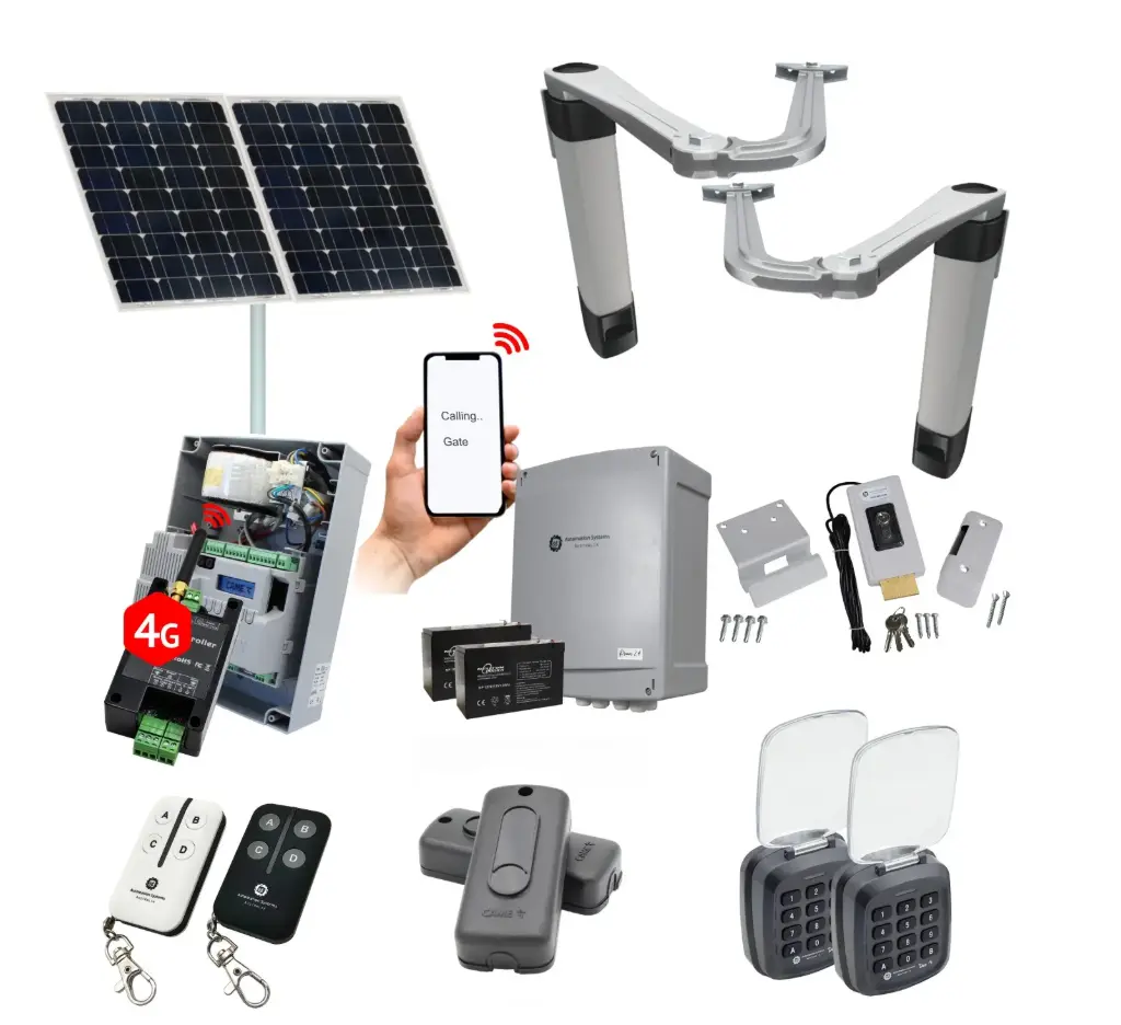 Solar Powered Double Swing Gate Automation Access Unlimited WiFi Bluetooth Kit Ultra Slim STYLO BS Articulating Arm System with encoder Made In Italy