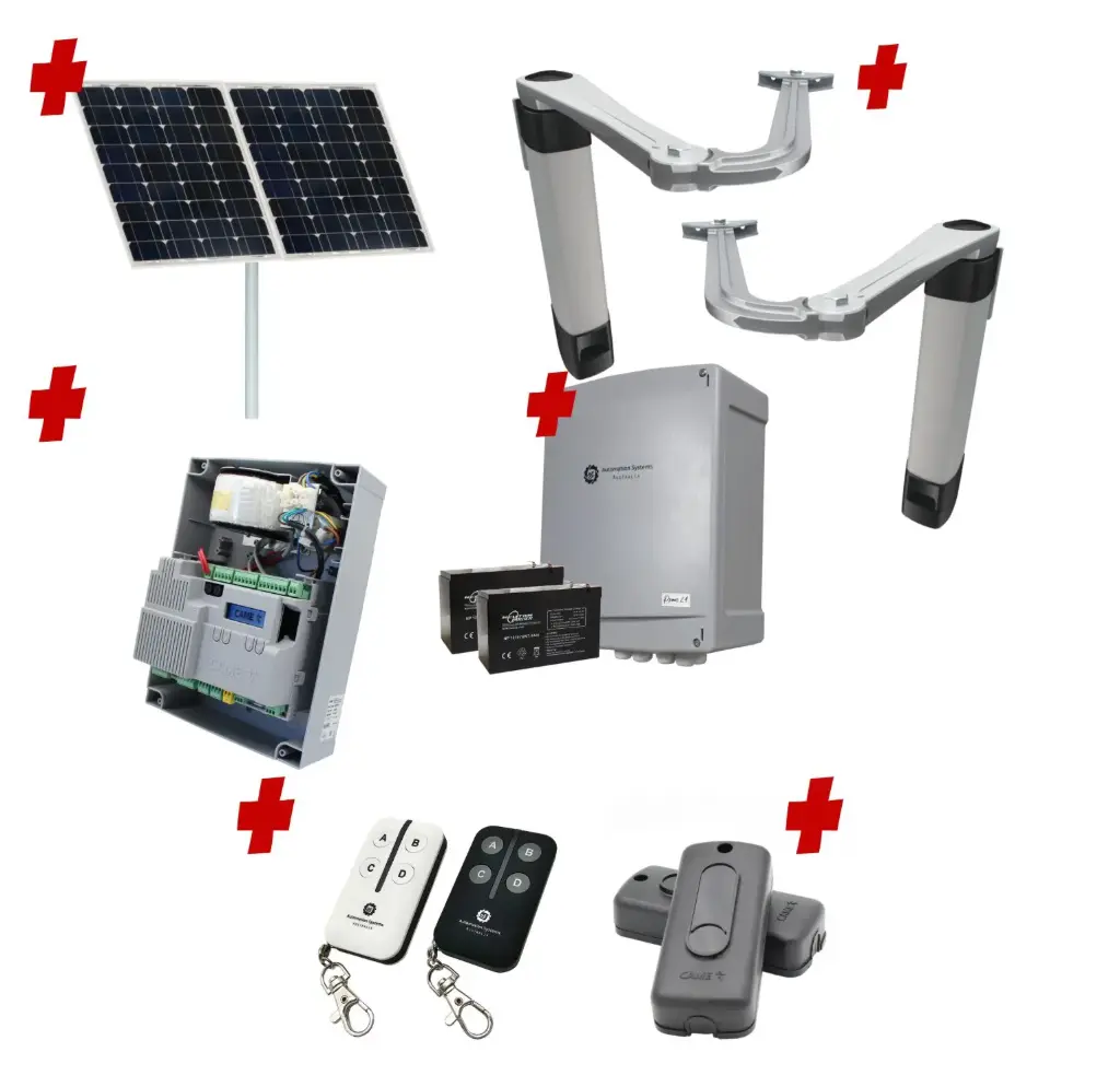 Solar Powered Double Swing Gate Automation Installer and Trade Kit Ultra Slim STYLO BS Articulating Arm System with encoder Made In Italy