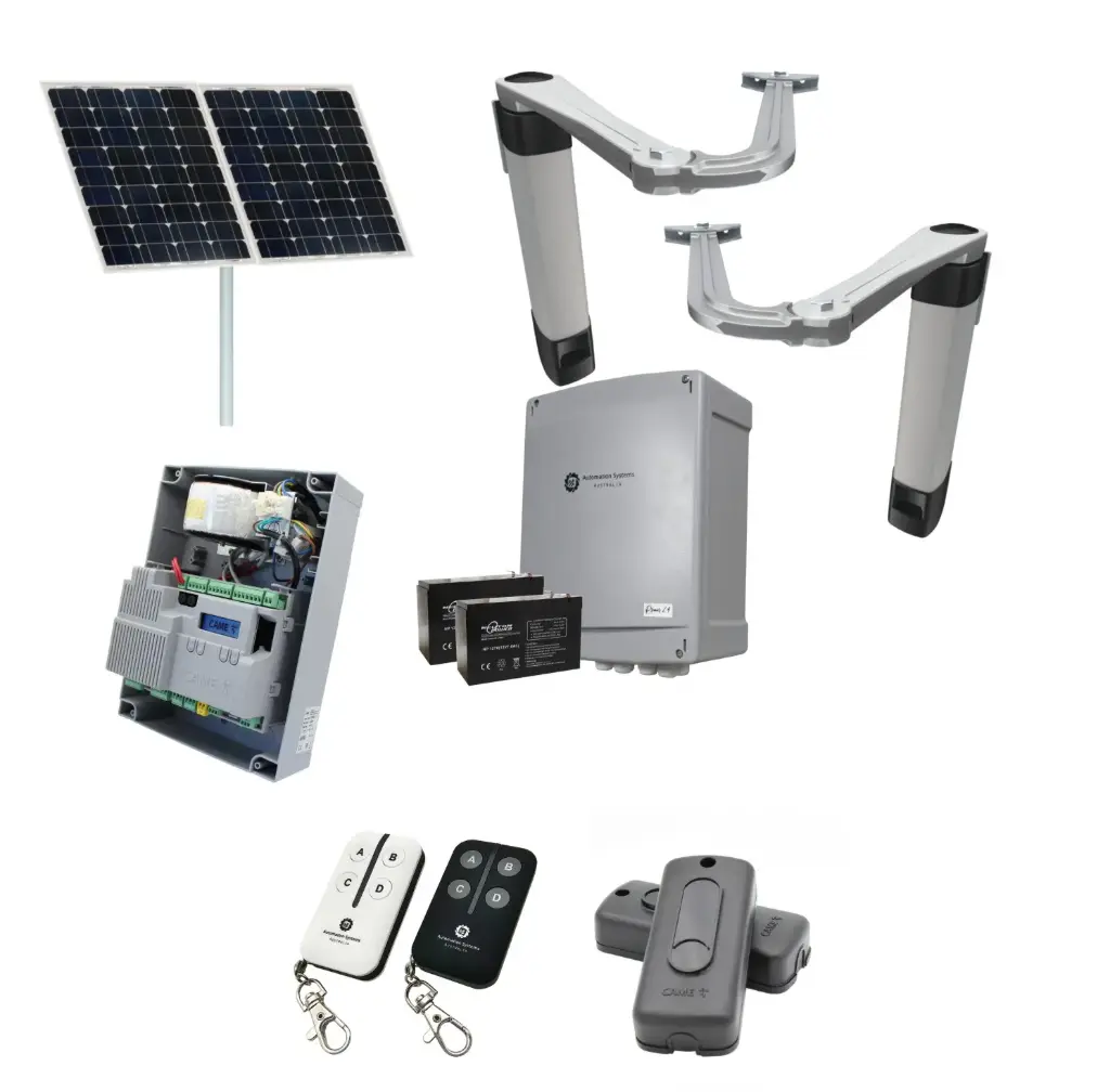 Solar Powered Double Swing Gate Automation Installer and Trade Kit Ultra Slim STYLO BS Articulating Arm System with encoder Made In Italy