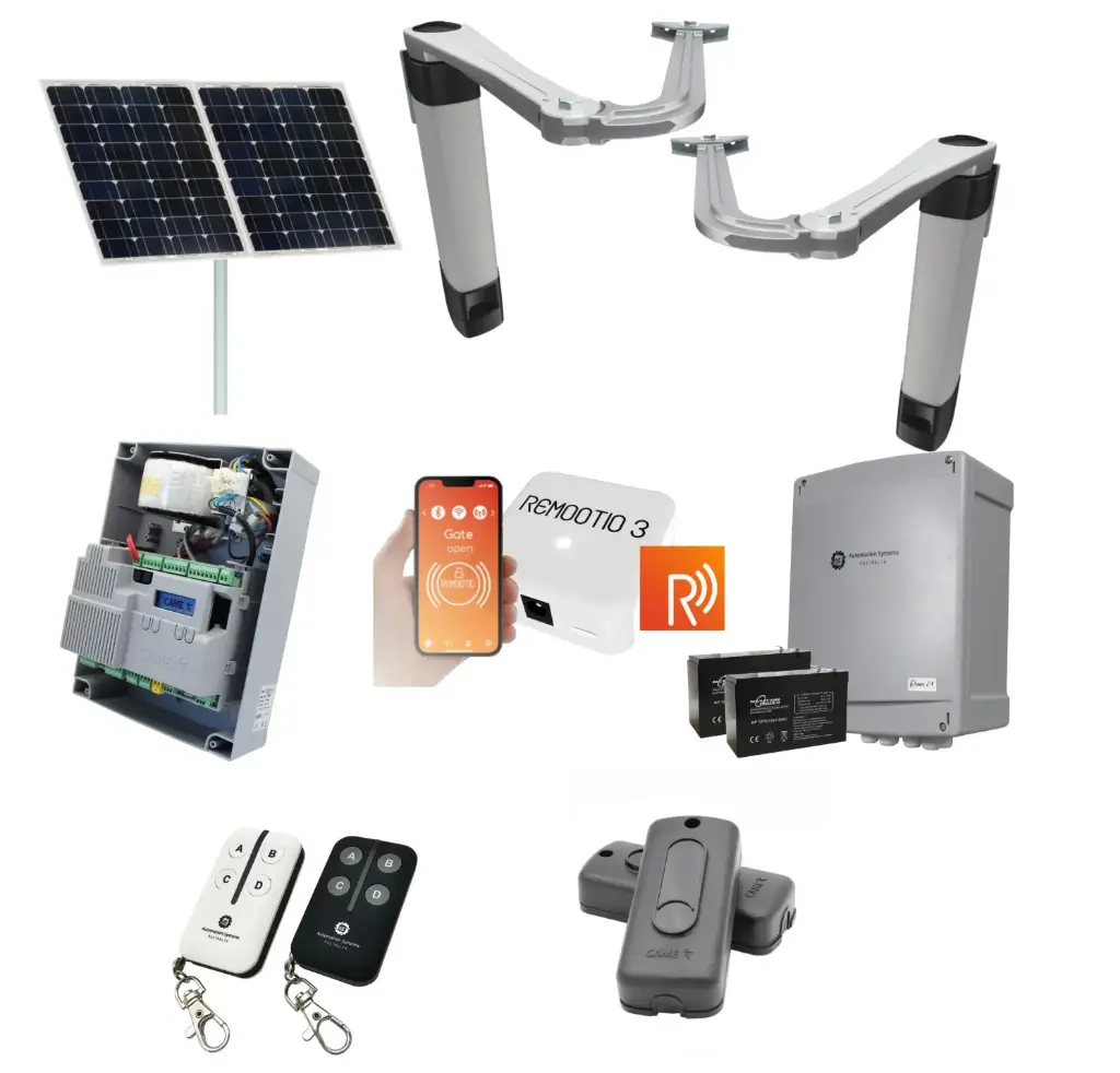 Solar Powered Double Swing Gate Automation Remootio Kit Ultra Slim STYLO BS Articulating Arm System with encoder Made In Italy