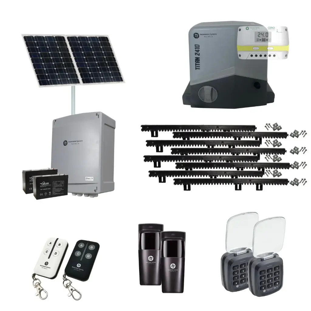 Titan 2410 Solar Powered Automatic Sliding Driveway Gate Opener 24 Volt Kit FAST Heavy Duty POWERFUL Design with TWO Keypads Entry Exit