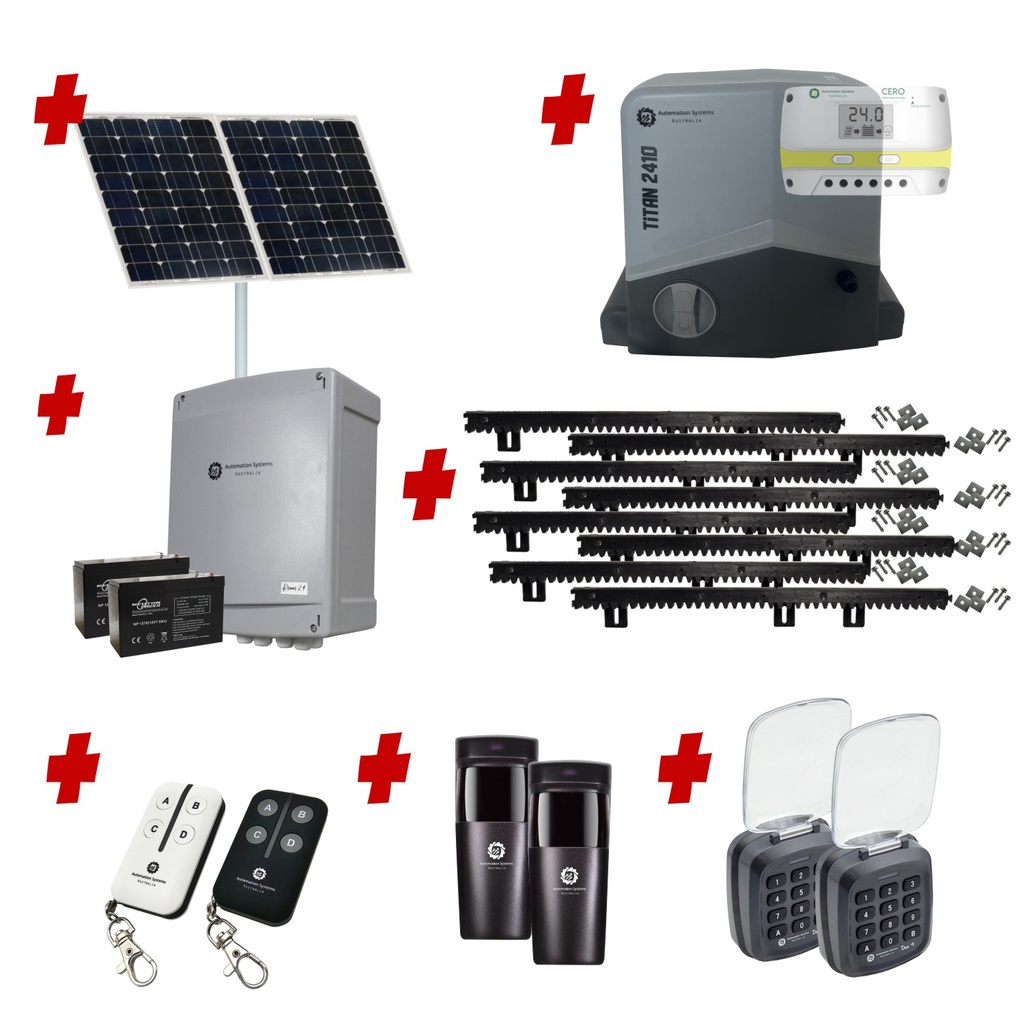 Titan 2410 Solar Powered Automatic Sliding Driveway Gate Opener 24 Volt Kit FAST Heavy Duty POWERFUL Design with TWO Keypads Entry Exit