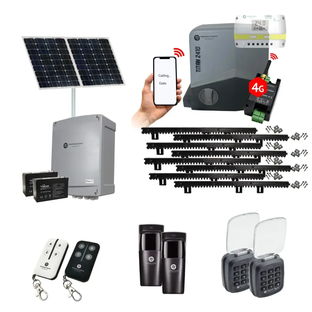 Titan 2410 Solar Powered Automatic Sliding Driveway Gate Opener 24 Volt Kit FAST Heavy Duty POWERFUL Design with Wifi Mobile App Control and Keypad Entry Exit