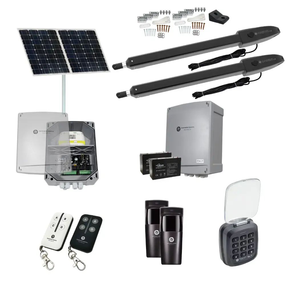 Orion LS Solar Powered Automatic Double Swing Driveway Gate Opener 24 Volt Kit ROBUST Slimline Compact Design with Keypad Pin Code