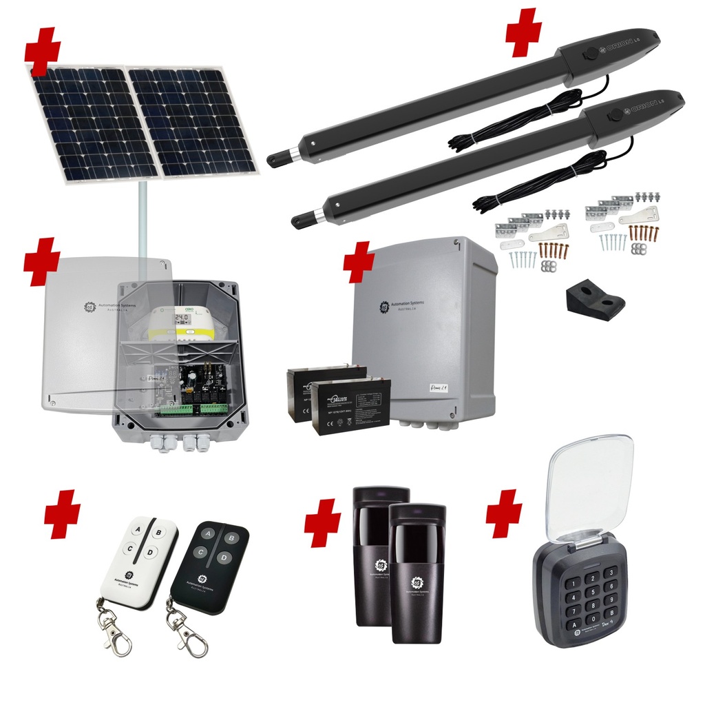 Orion LS Solar Powered Automatic Double Swing Driveway Gate Opener 24 Volt Kit ROBUST Slimline Compact Design with Keypad Pin Code