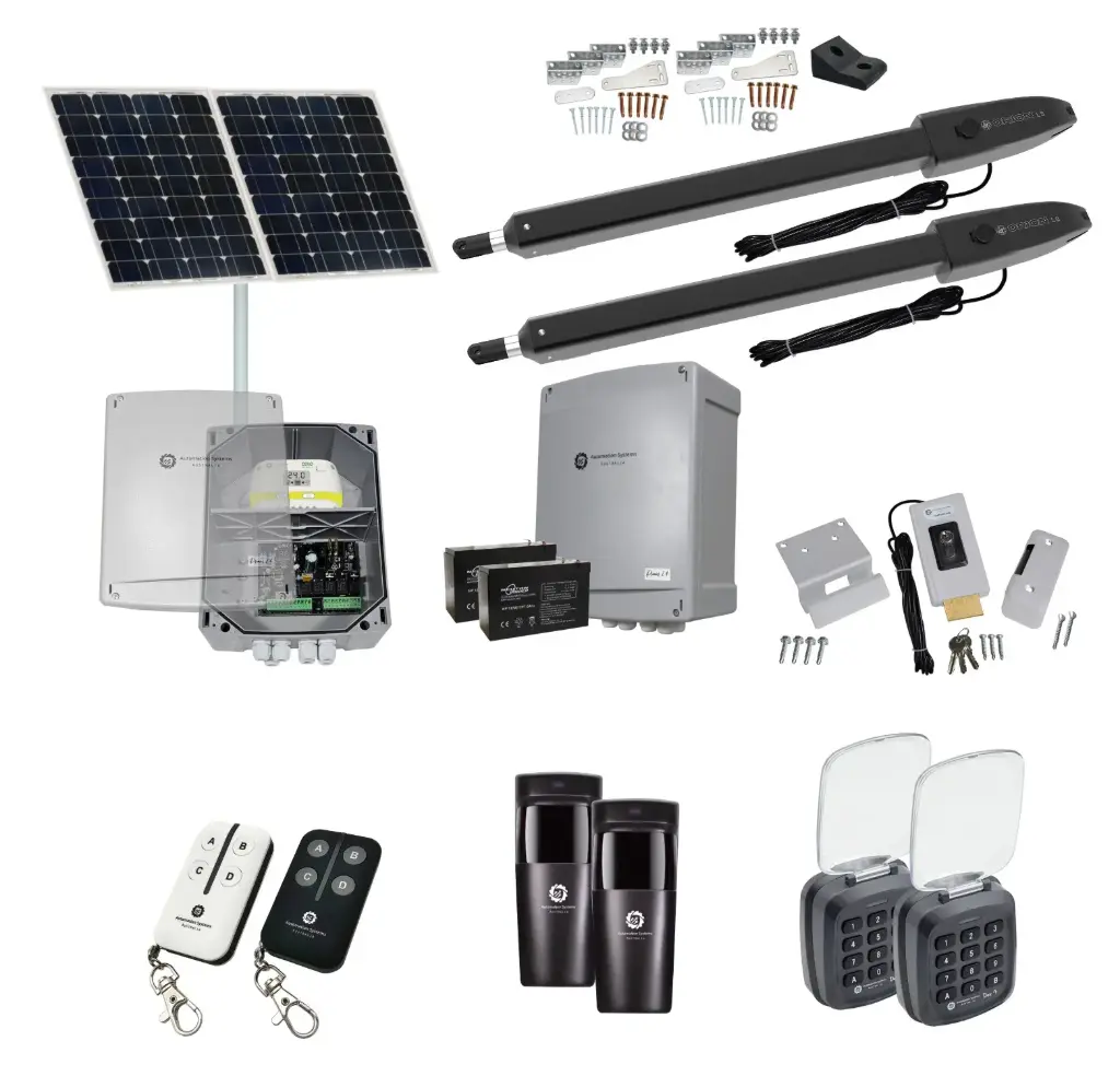 Orion LS Solar Powered Automatic Double Swing Driveway Gate Opener 24 Volt Kit ROBUST Slimline Compact Design with TWO Keypads Entry Exit