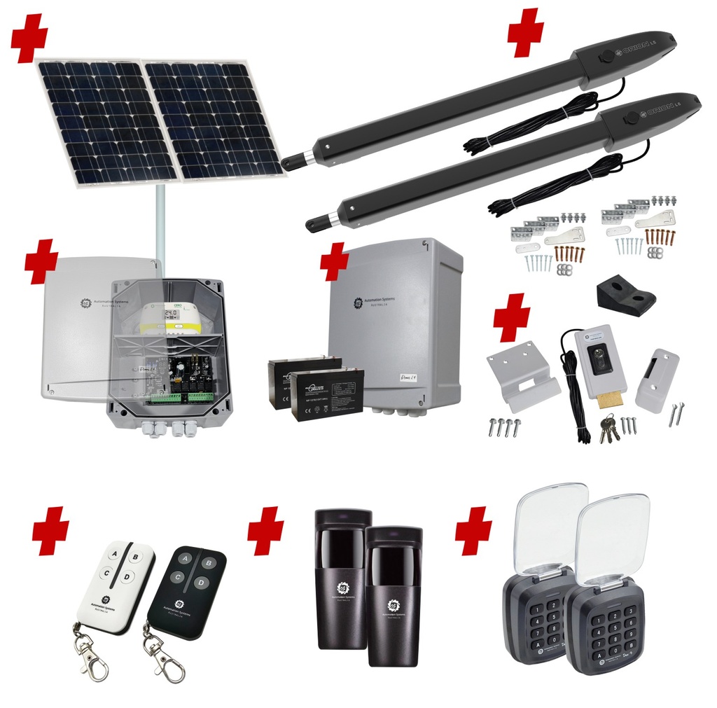 Orion LS Solar Powered Automatic Double Swing Driveway Gate Opener 24 Volt Kit ROBUST Slimline Compact Design with TWO Keypads Entry Exit