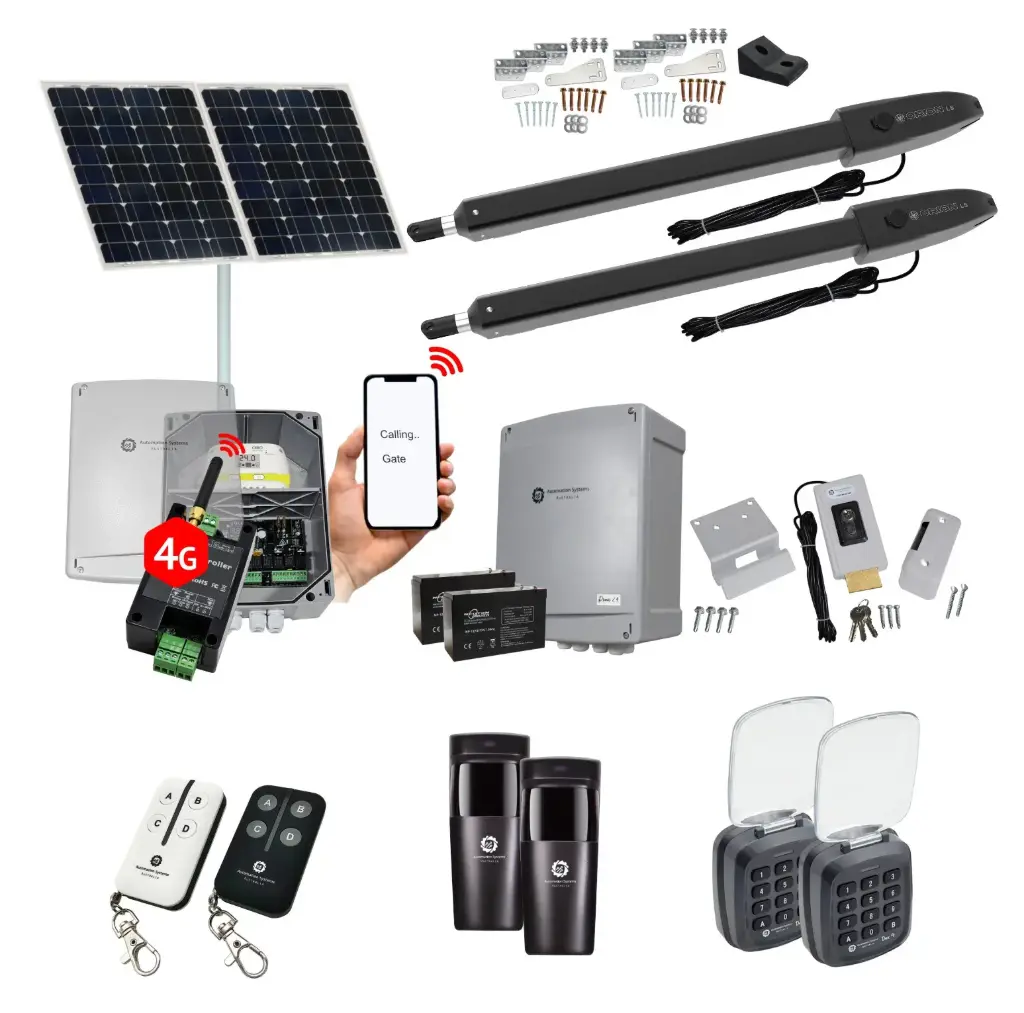 Orion LS Solar Powered Automatic Double Swing Driveway Gate Opener 24 Volt Kit ROBUST Slimline Compact Design Wifi Mobile App Control and Keypad Entry Exit