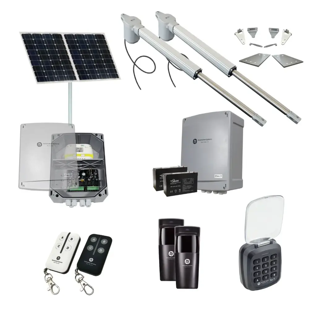 Viper 5 Long Stroke ITALIAN Solar Powered Automatic Double Swing Driveway Gate Opener 24 Volt Kit ROBUST Heavy Duty Design with Keypad Pin Code