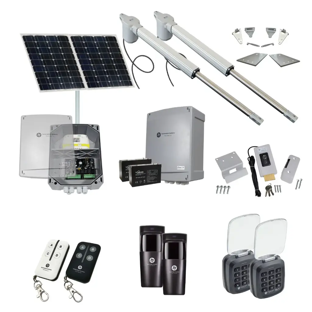 Viper 5 Long Stroke ITALIAN Solar Powered Automatic Double Swing Driveway Gate Opener 24 Volt Kit ROBUST Heavy Duty Design with TWO Keypads Entry Exit