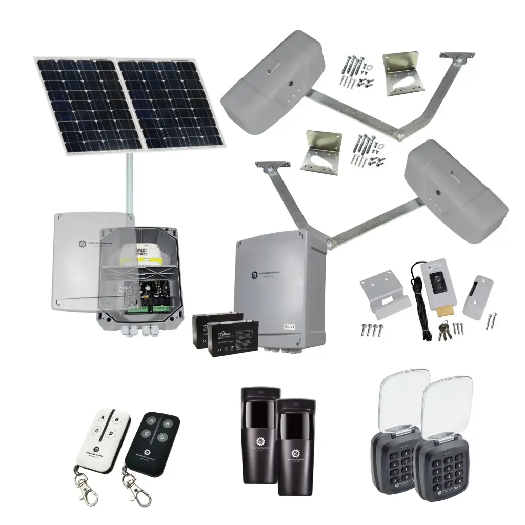 RAPTOR Extra Heavy Duty ITALIAN Solar Powered Automatic Double Swing Driveway Gate Opener 24 Volt Kit ROBUST Heavy Duty Design with TWO Keypads Entry Exit