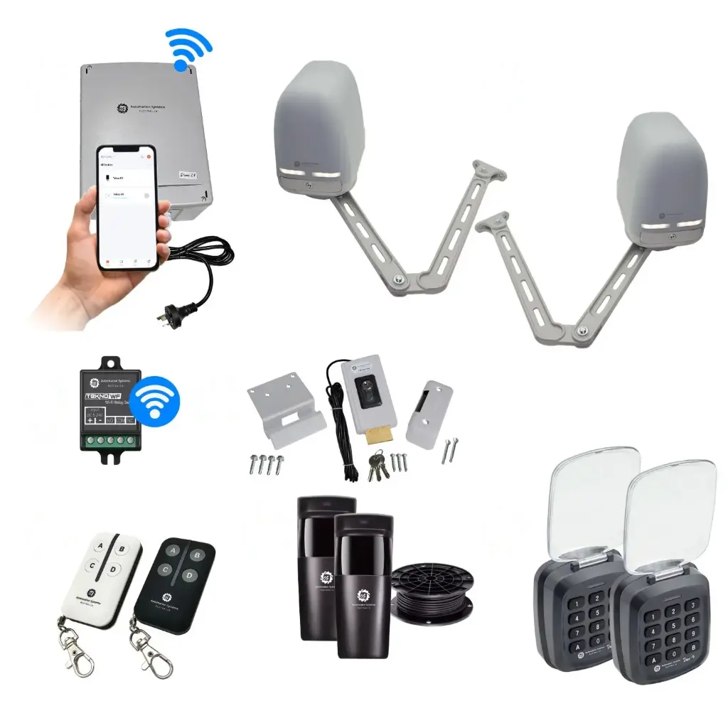 Apache ARTICULATING Italian Electric 24V Low Voltage Automatic Double Swing Driveway Gate Opener Kit ROBUST Heavy Duty Design with Wifi Mobile App Control and Keypad Entry Exit