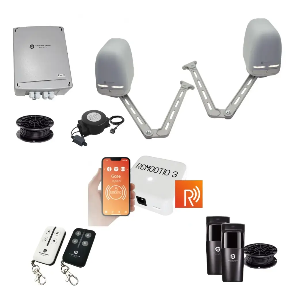 Remootio Apache ARTICULATING Italian Low Voltage 24V Automatic Double Swing Driveway Gate Opener 24 Volt Kit ROBUST Heavy Duty Design