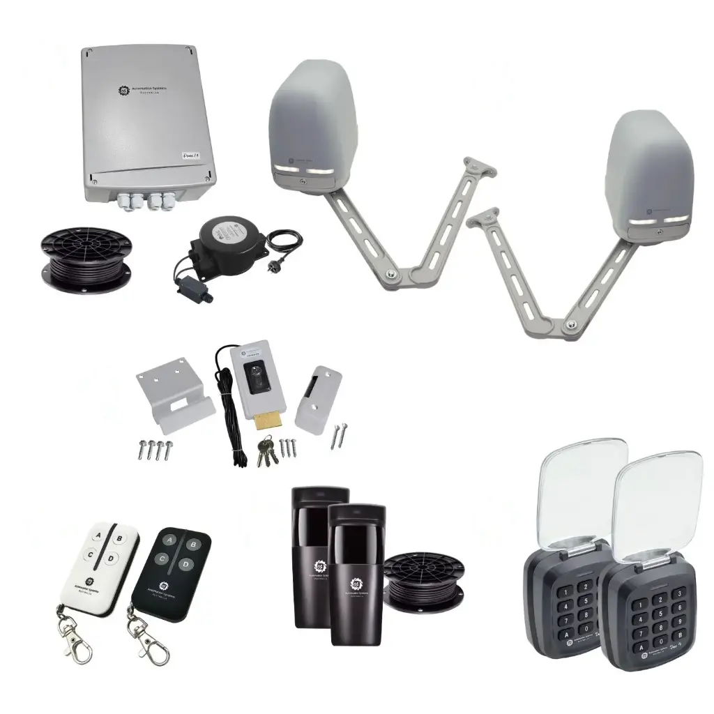 Apache ARTICULATING Italian Low Voltage 24V Automatic Double Swing Driveway Gate Opener 24 Volt Kit with Wifi Mobile App Control and Keypad Entry Exit