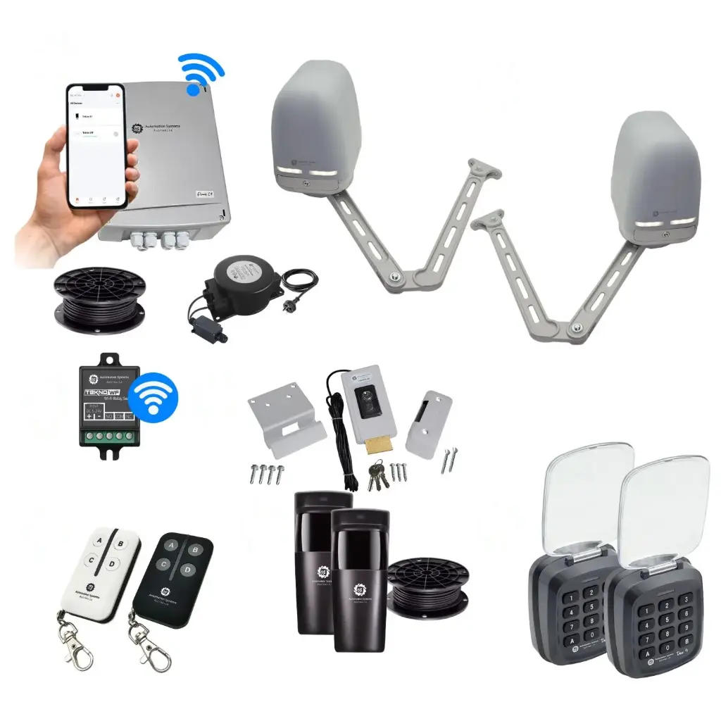 Apache ARTICULATING Italian Low Voltage 24V Automatic Double Swing Driveway Gate Opener 24 Volt Kit with Wifi Mobile App Control and Keypad Entry Exit