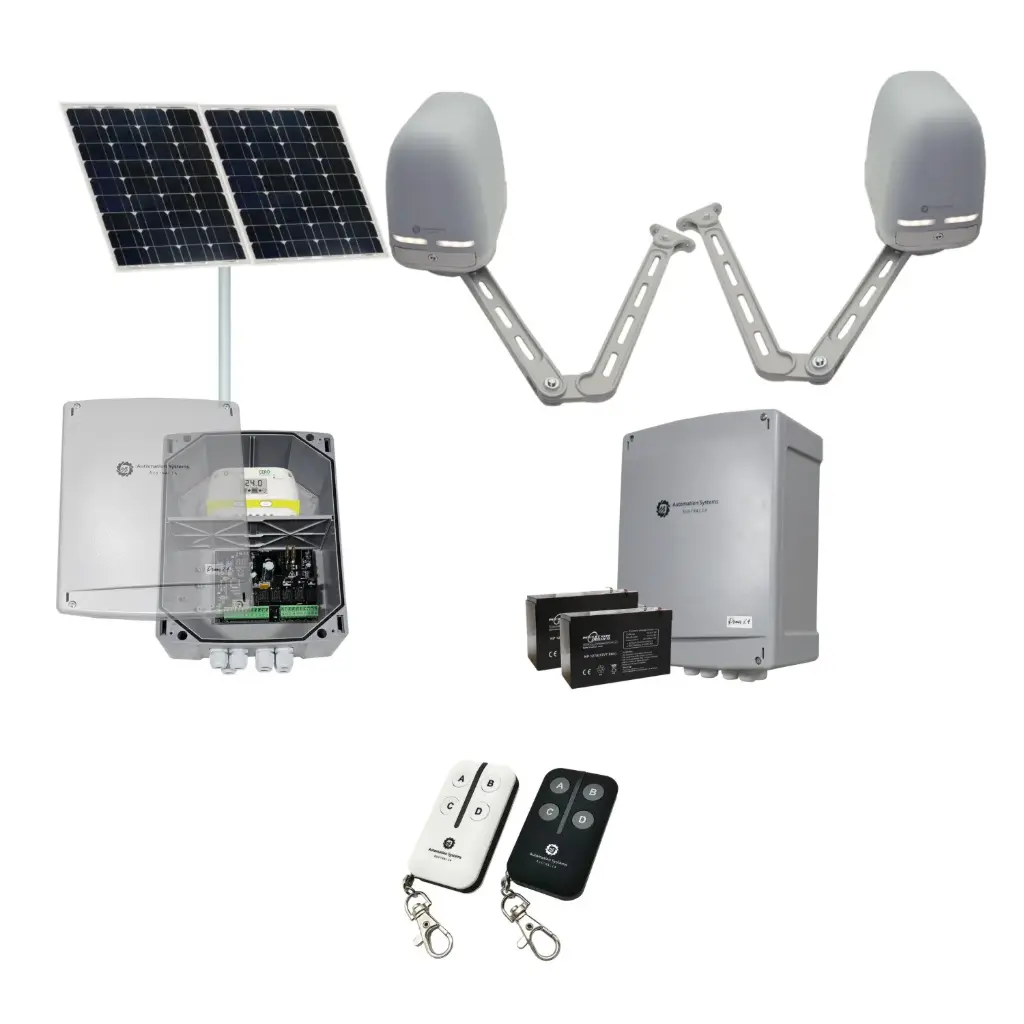 Apache ARTICULATING Italian Solar Powered Automatic Double Swing Driveway Gate Opener 24 Volt Kit ROBUST Heavy Duty Design BASE KIT