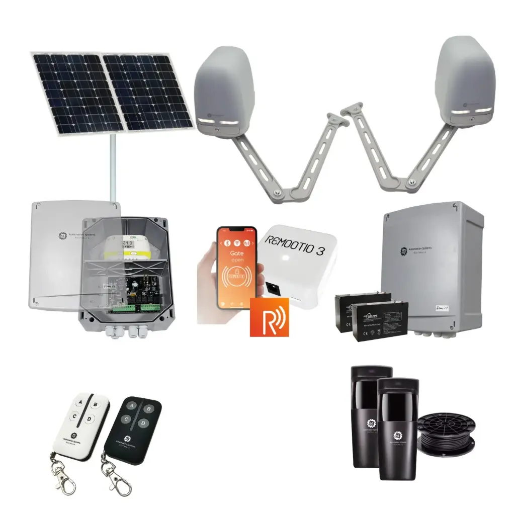 Remootio Apache ARTICULATING Italian Solar Powered Automatic Double Swing Driveway Gate Opener 24 Volt Kit ROBUST Heavy Duty Design